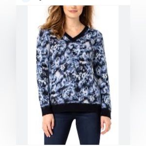 Liverpool Los Angeles Womens V-Neck Sweater in Abstract Blue NEW Large  New Tag